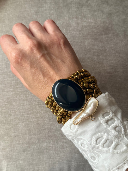 Hematite Bracelets with Agate & Baroque Pearl Brooch