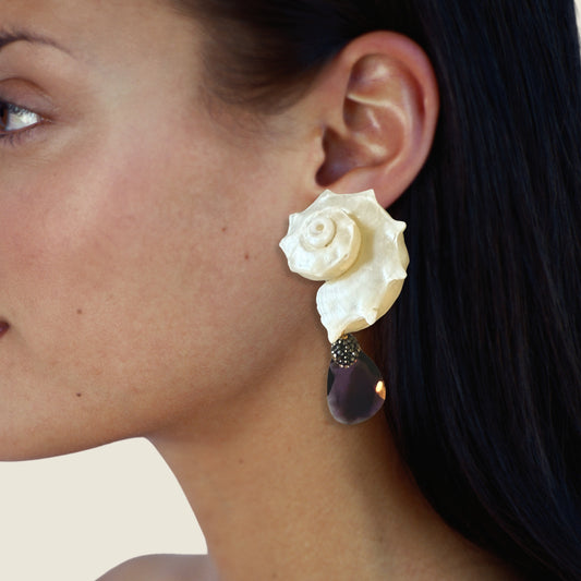 Natural Shell Earrings with Cat’s Eye & Hematite Drop