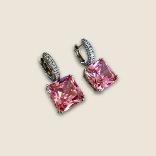 925 Moissanite Earrings & Pink Quartz Ring Set