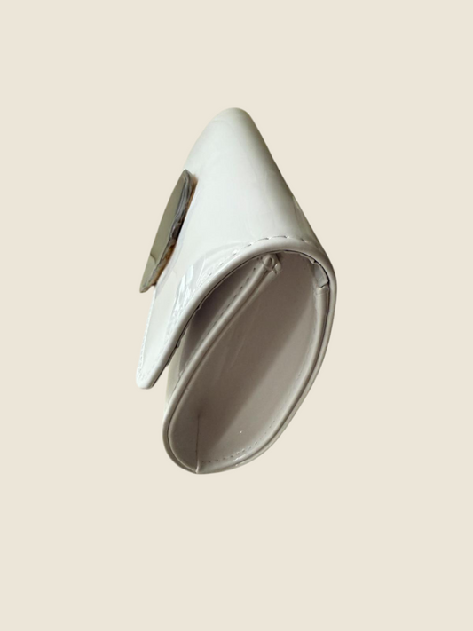 White Patent Leather Clutch with Black Geode and black chain