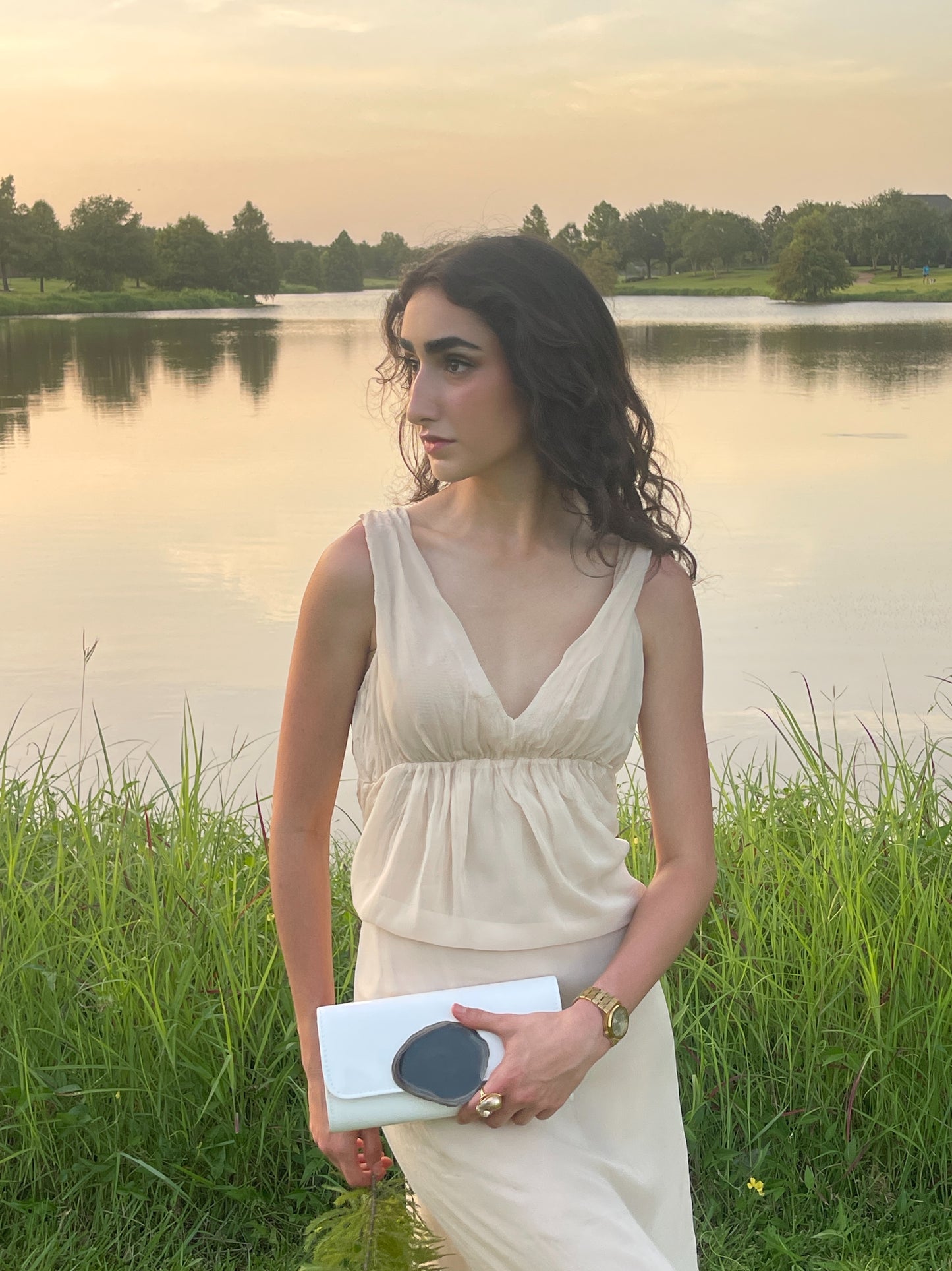 White Patent Leather Clutch with Black Geode and black chain