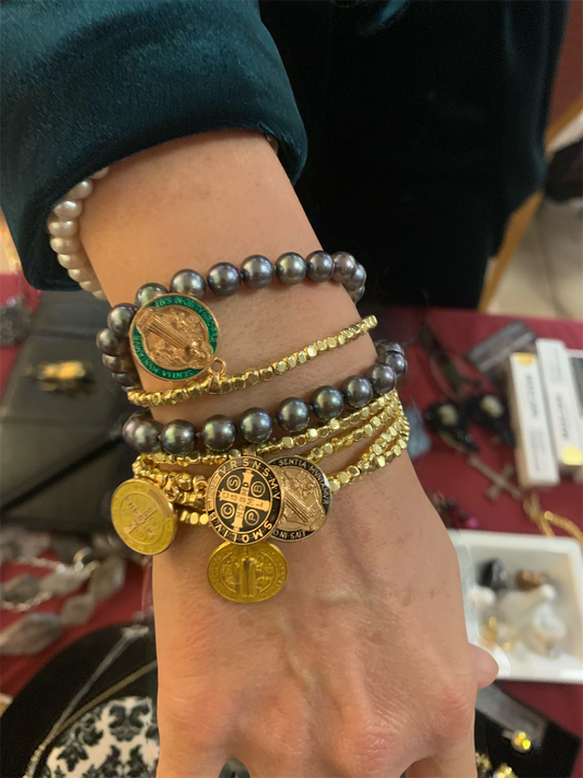 Set of 7 Hematite Gold Bracelets with St. Benedict Charms