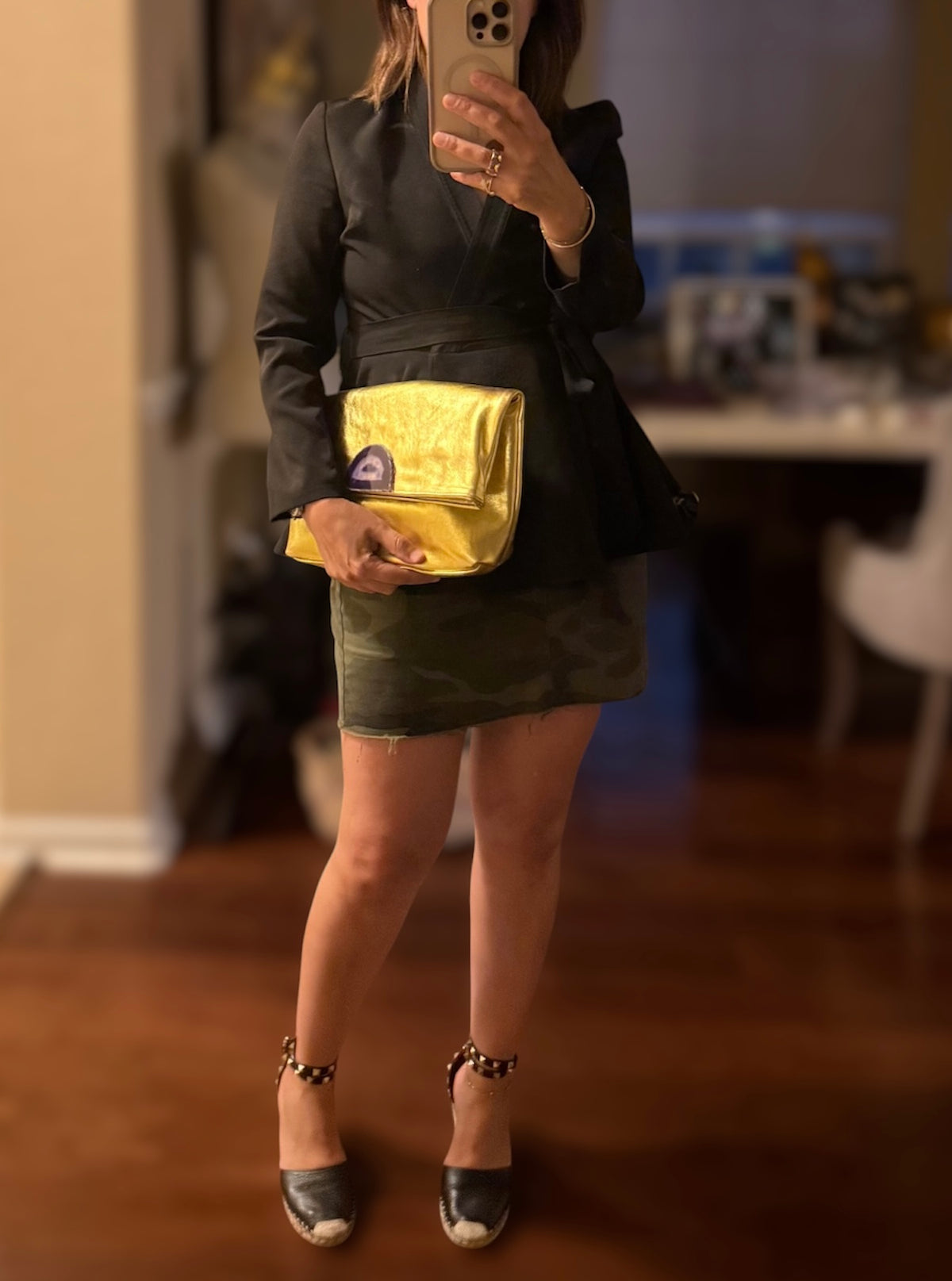 Golden Leather Clutch with Purple Agate