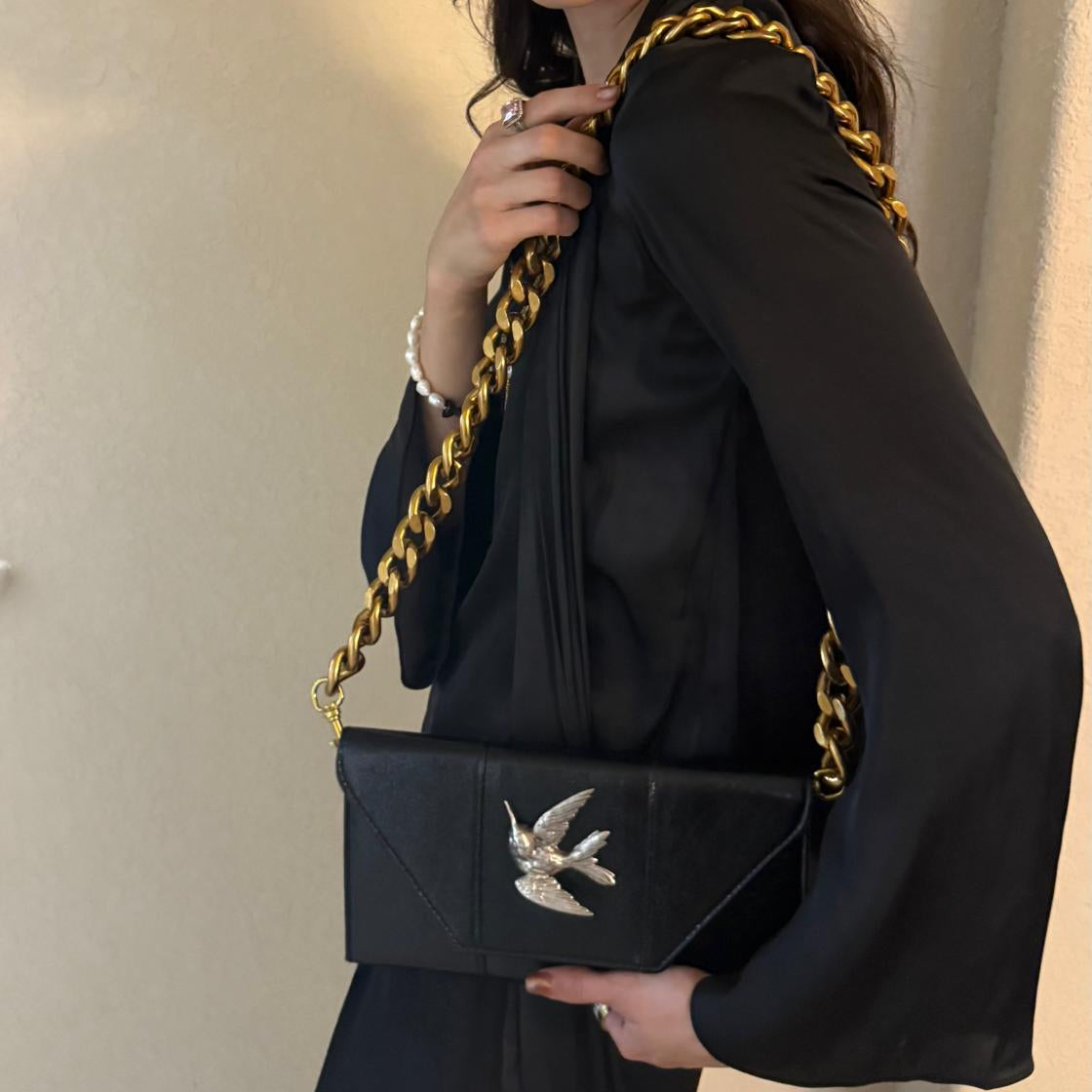 Black Clutch with Antique Silver Hummingbird and Gold Chain Accent
