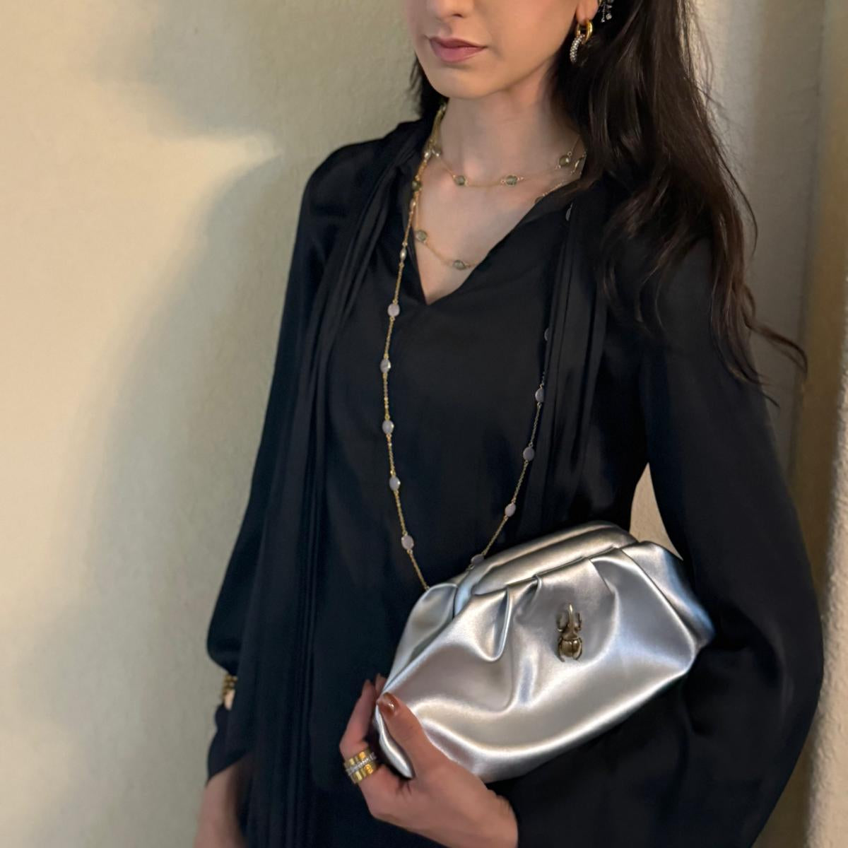 Silver Vintage-Style Clutch with Golden Beetle