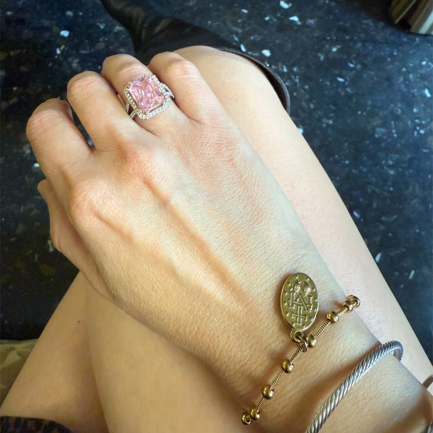 925 Moissanite Earrings & Pink Quartz Ring Set