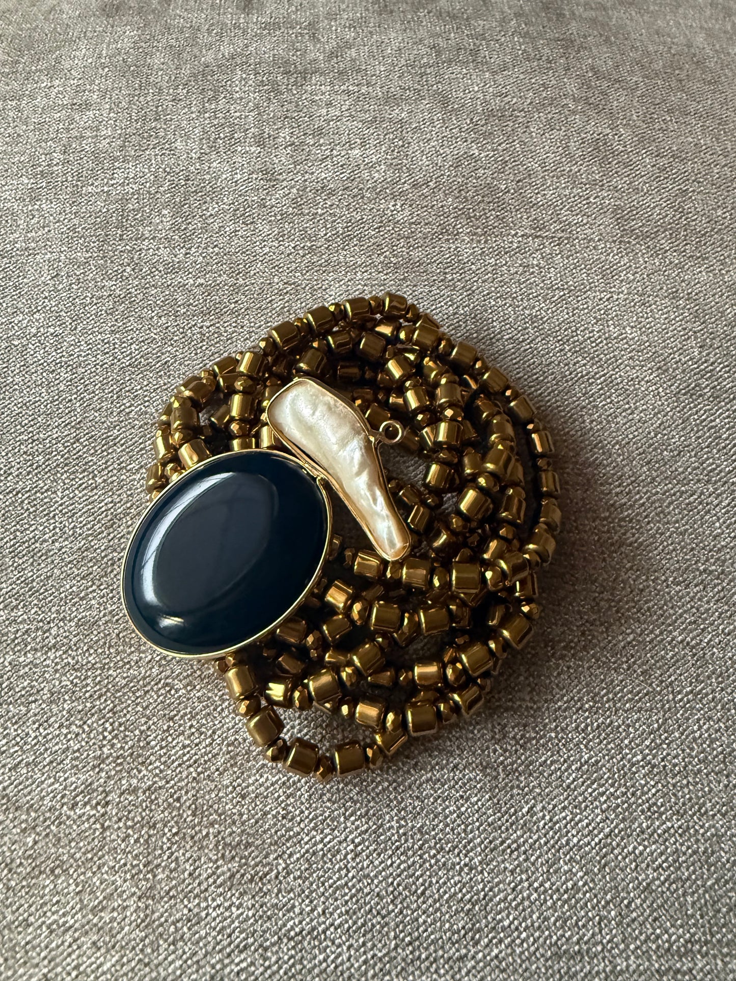 Hematite Bracelets with Agate & Baroque Pearl Brooch