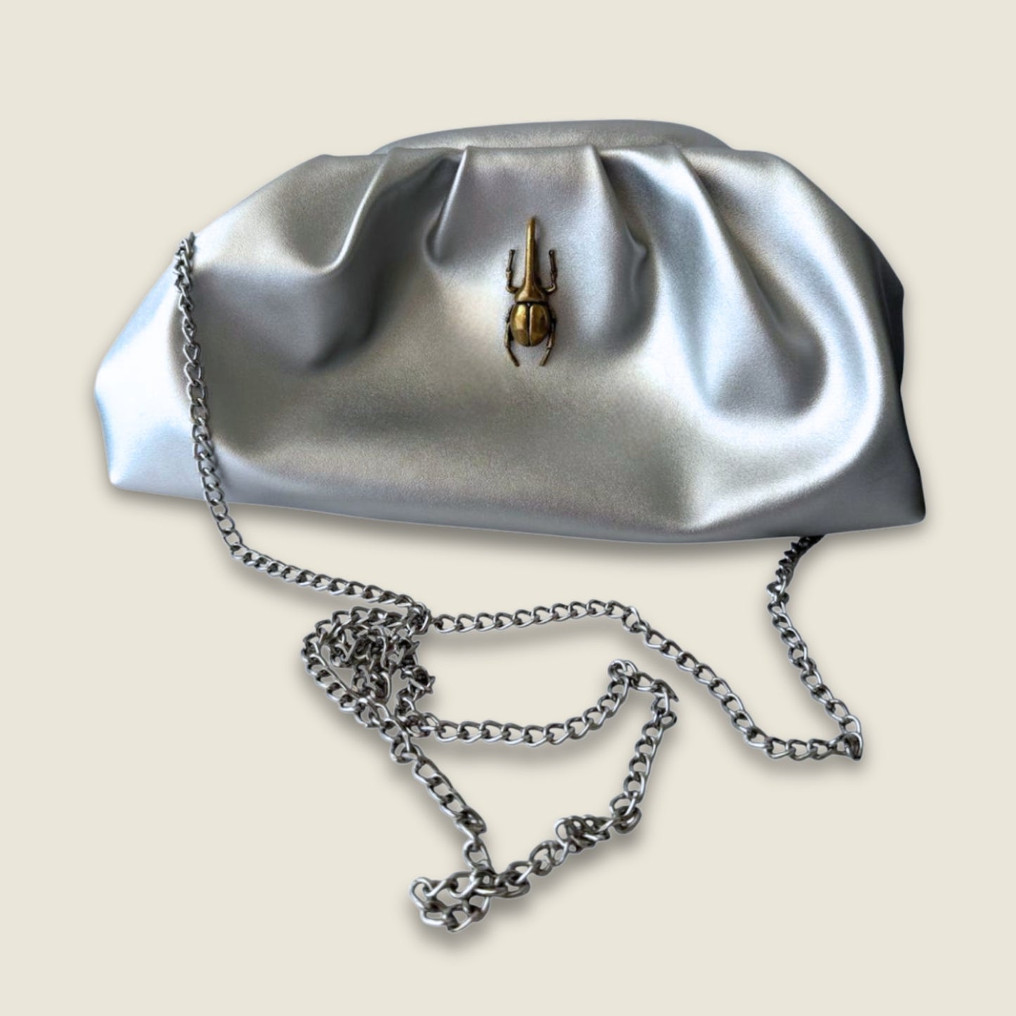 Silver Vintage-Style Clutch with Golden Beetle