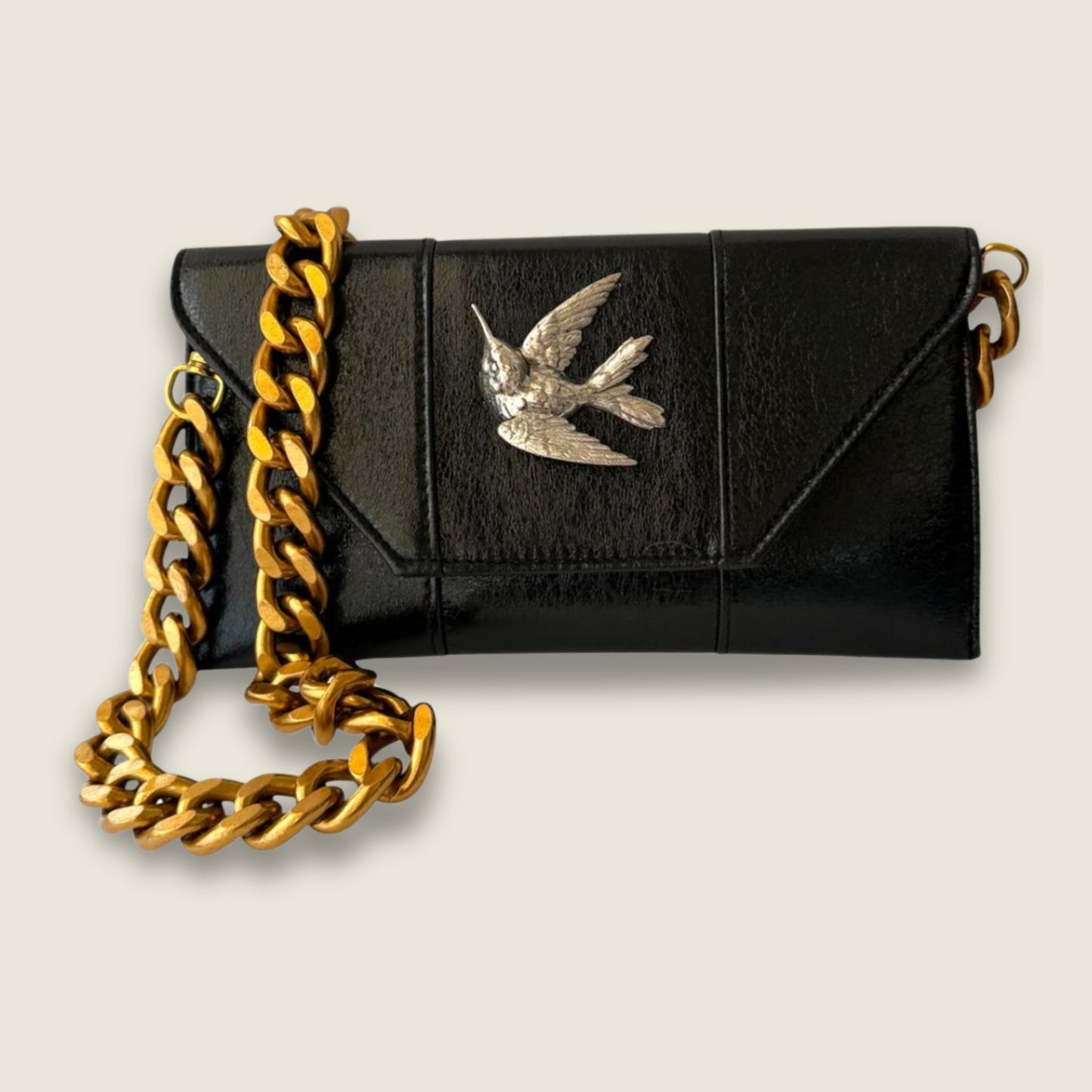 Black Clutch with Antique Silver Hummingbird and Gold Chain Accent