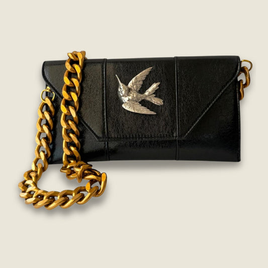 Black Clutch with Antique Silver Hummingbird and Gold Chain Accent