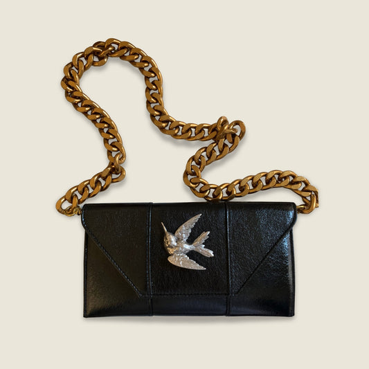 Black Clutch with Antique Silver Hummingbird and Gold Chain Accent