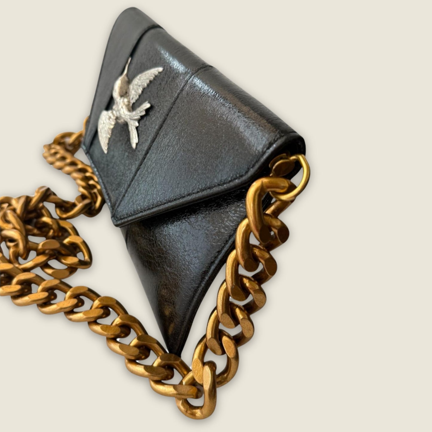 Black Clutch with Antique Silver Hummingbird and Gold Chain Accent
