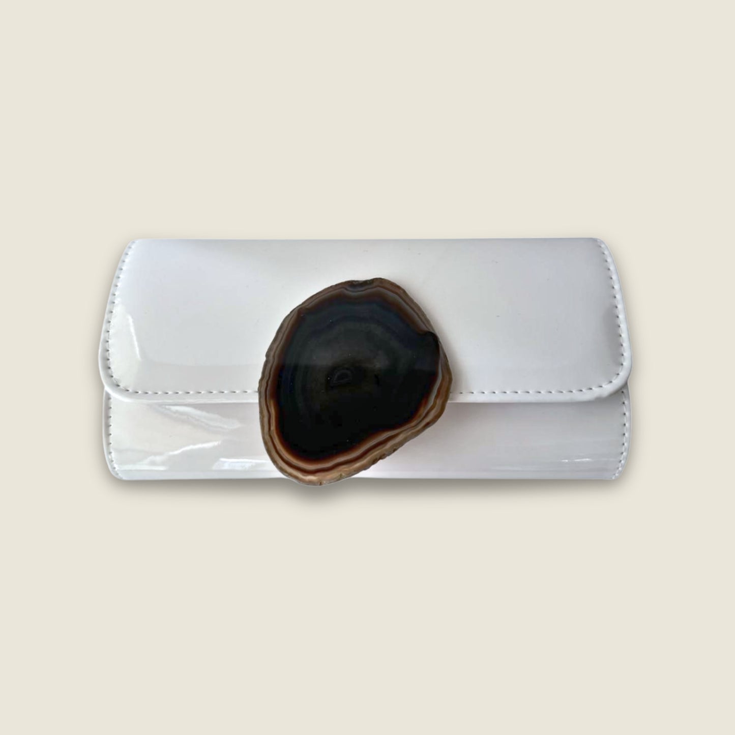 White Patent Leather Clutch with Black Geode and black chain