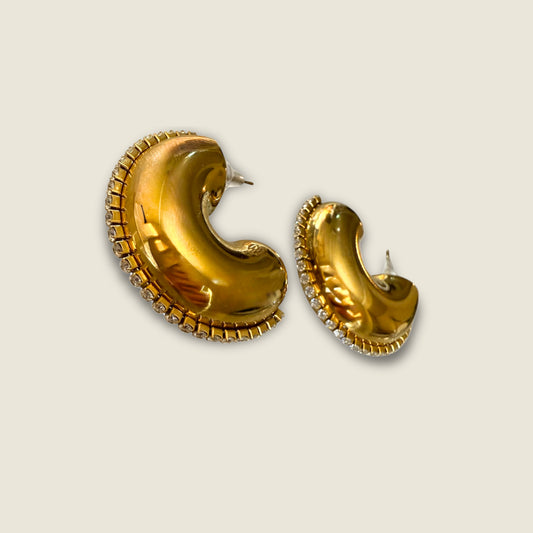 Stainless steel Gold-Plated C-Shaped Earrings with Cubic Zirconia Apliques