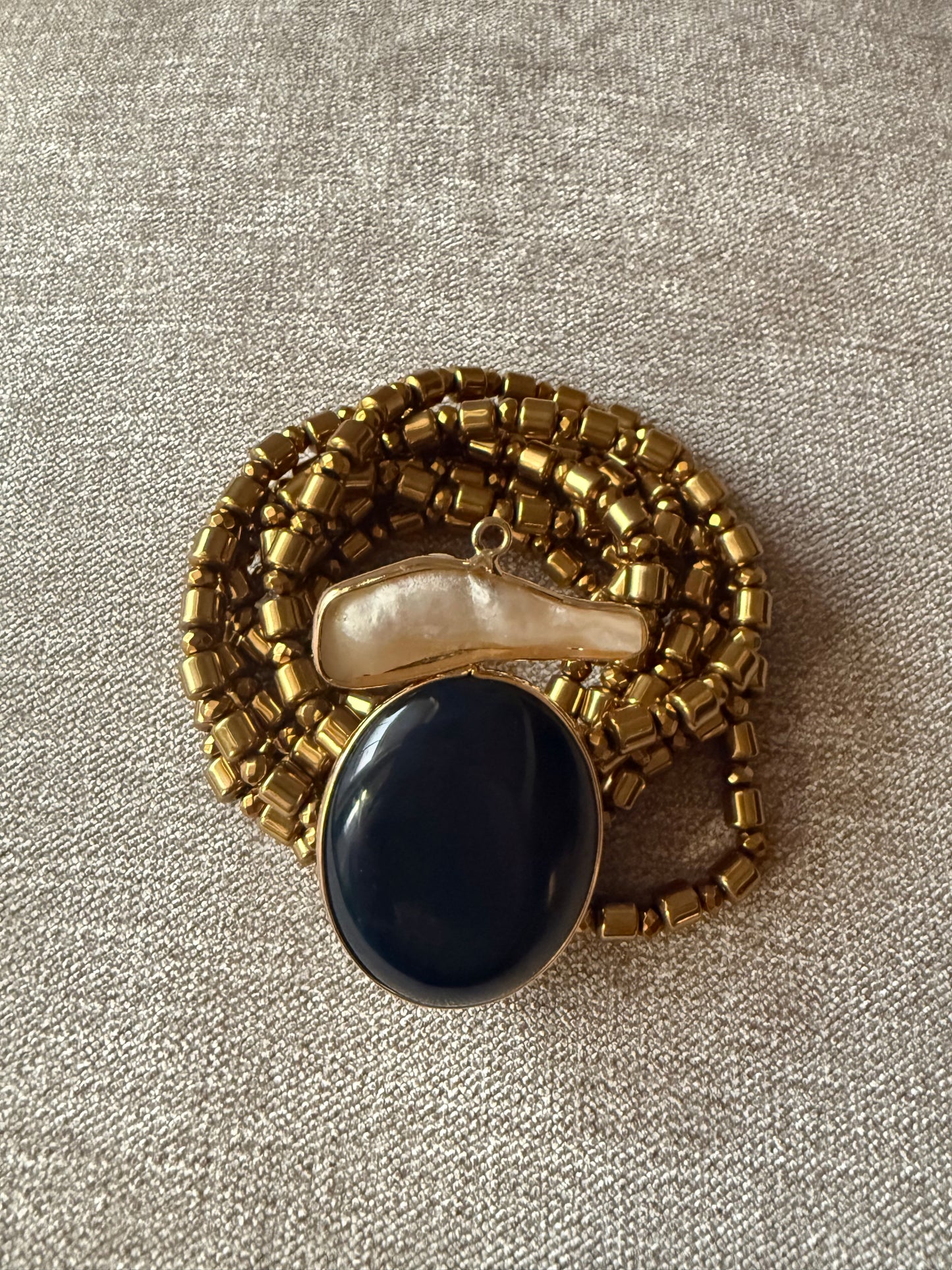 Hematite Bracelets with Agate & Baroque Pearl Brooch
