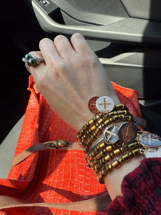 Set of 7 Hematite Bronze Bracelets with St. Benedict Charms