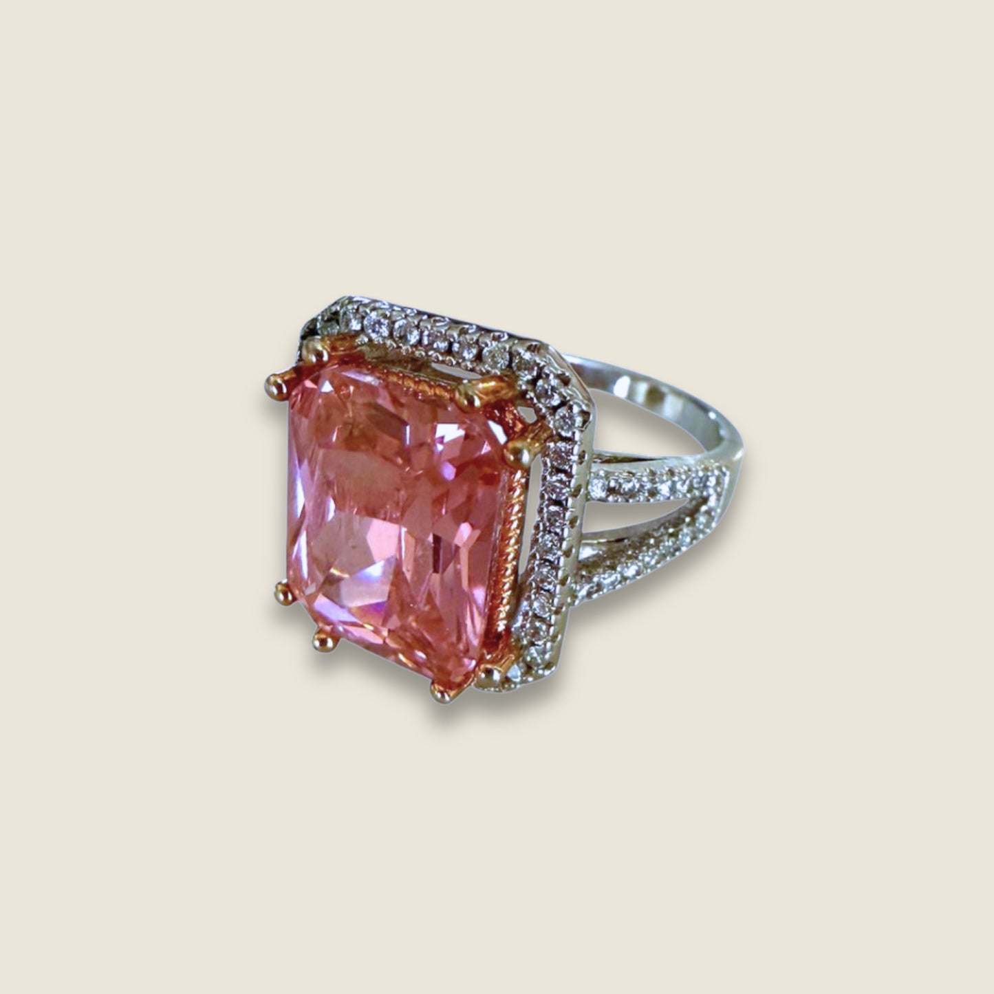 925 Moissanite Earrings & Pink Quartz Ring Set