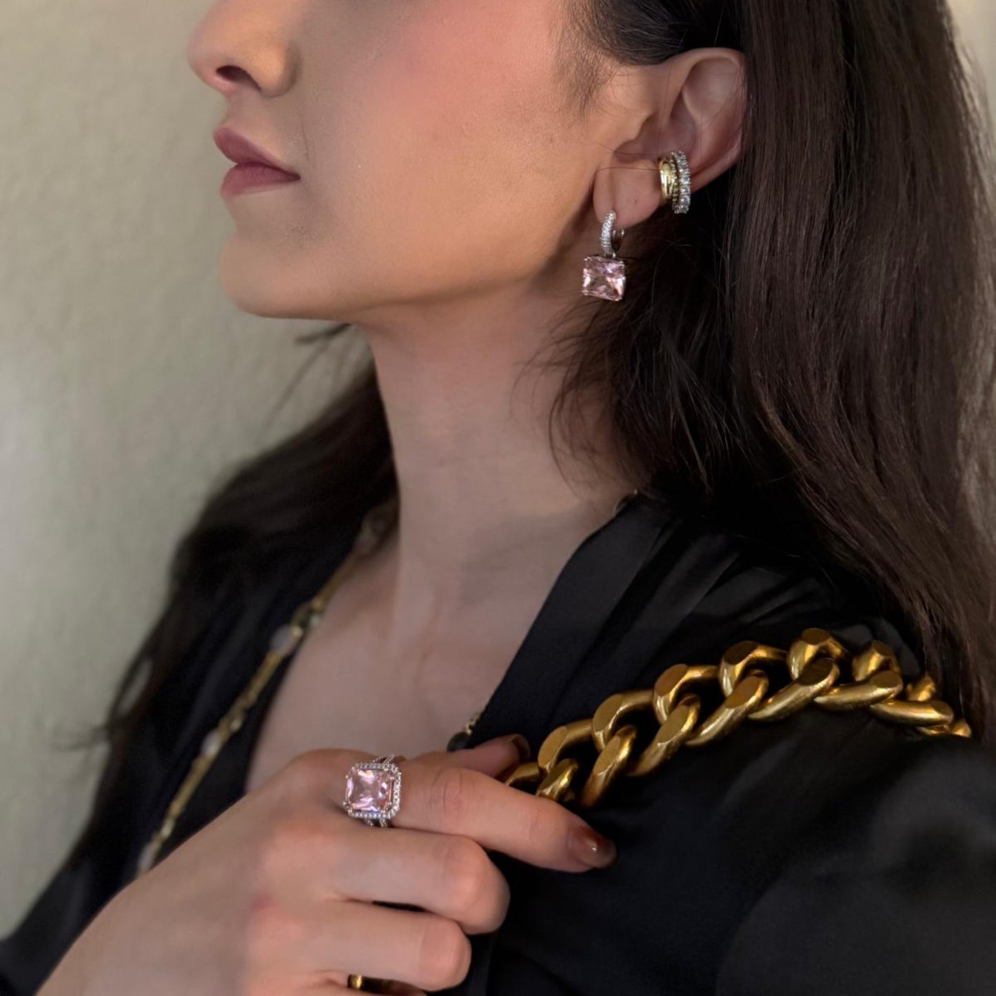 925 Moissanite Earrings & Pink Quartz Ring Set