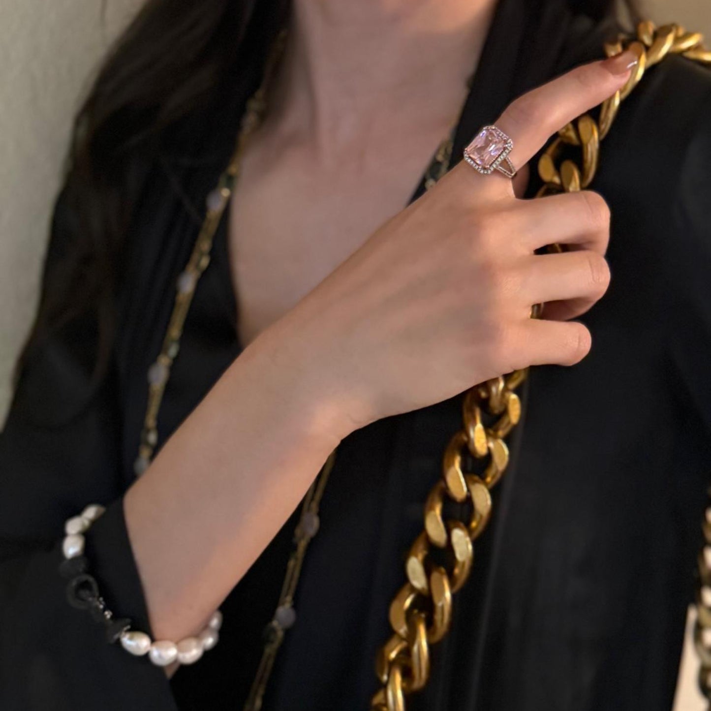 925 Moissanite Earrings & Pink Quartz Ring Set