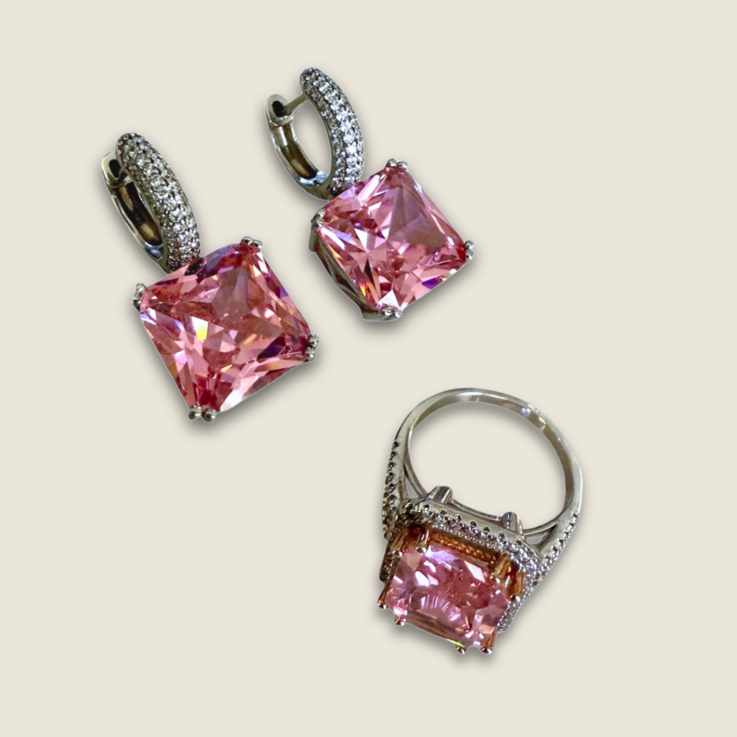 925 Moissanite Earrings & Pink Quartz Ring Set