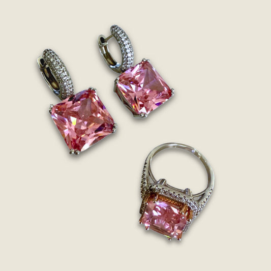 925 Moissanite Earrings & Pink Quartz Ring Set