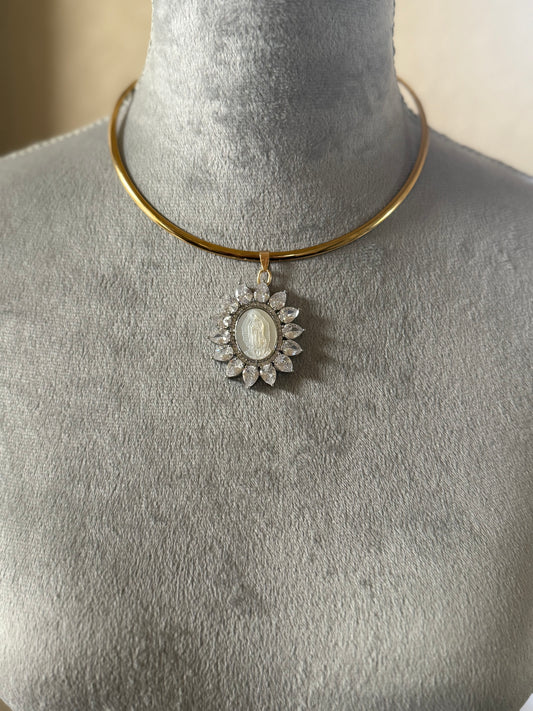 Lady of Guadalupe Necklace – Gold Plated Adjustable Choker with Shell & Zirconia