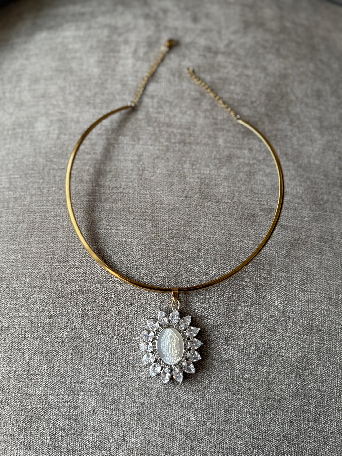 Lady of Guadalupe Necklace – Gold Plated Adjustable Choker with Shell & Zirconia