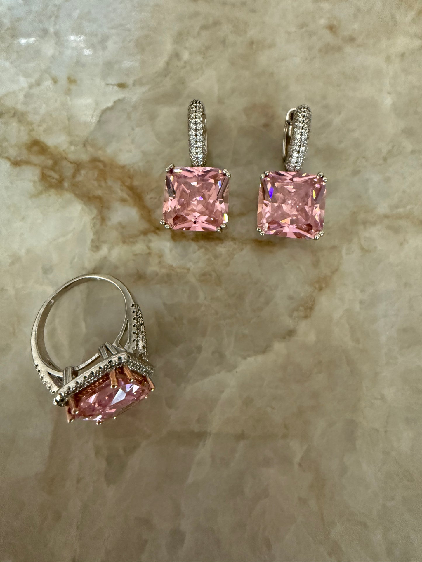 925 Moissanite Earrings & Pink Quartz Ring Set