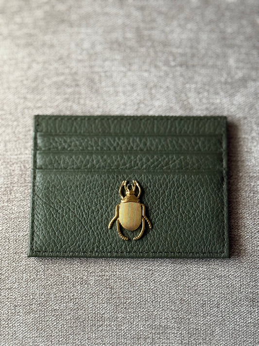 Green Leather Card Holder with Beetle