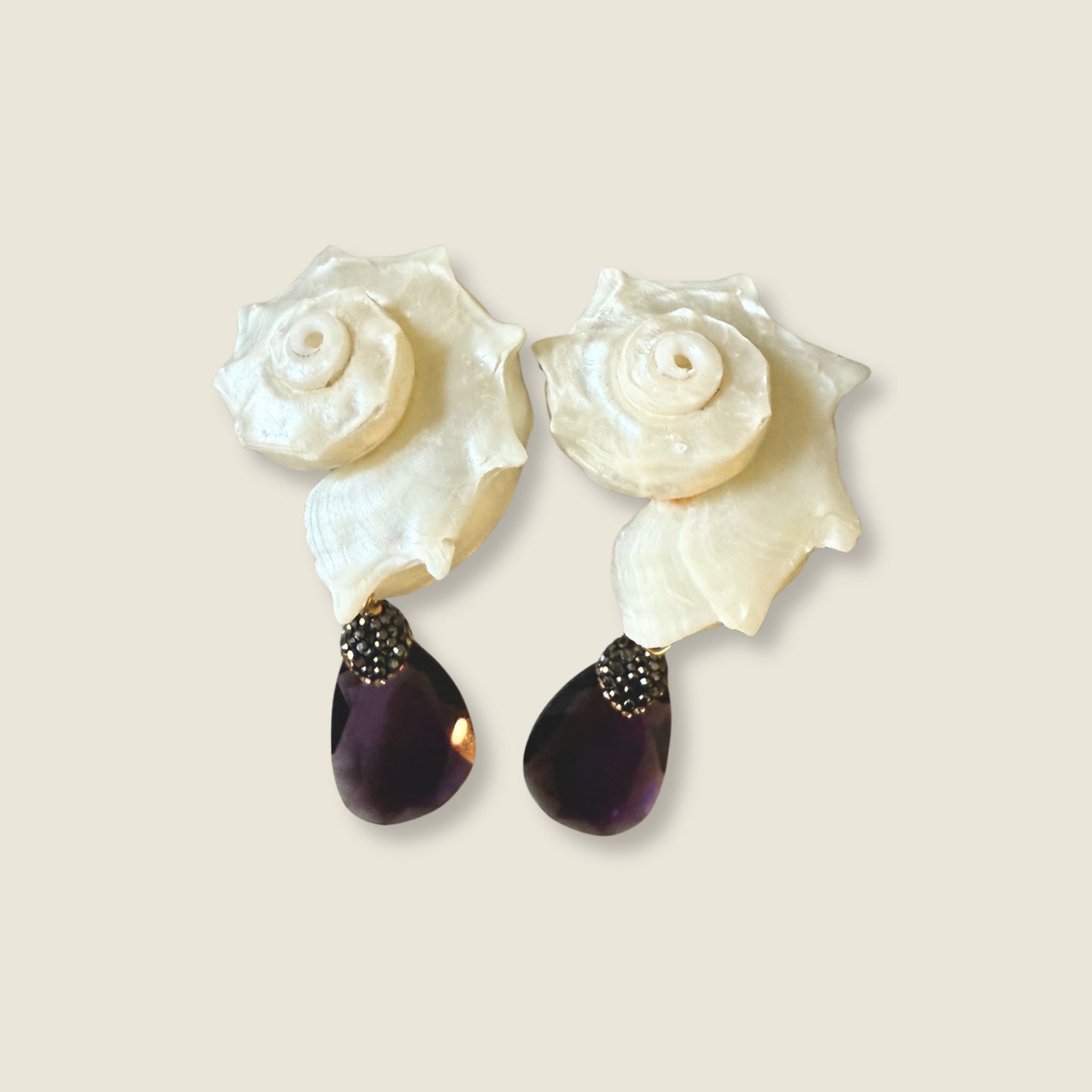 Natural Shell Earrings with Cat’s Eye & Hematite Drop