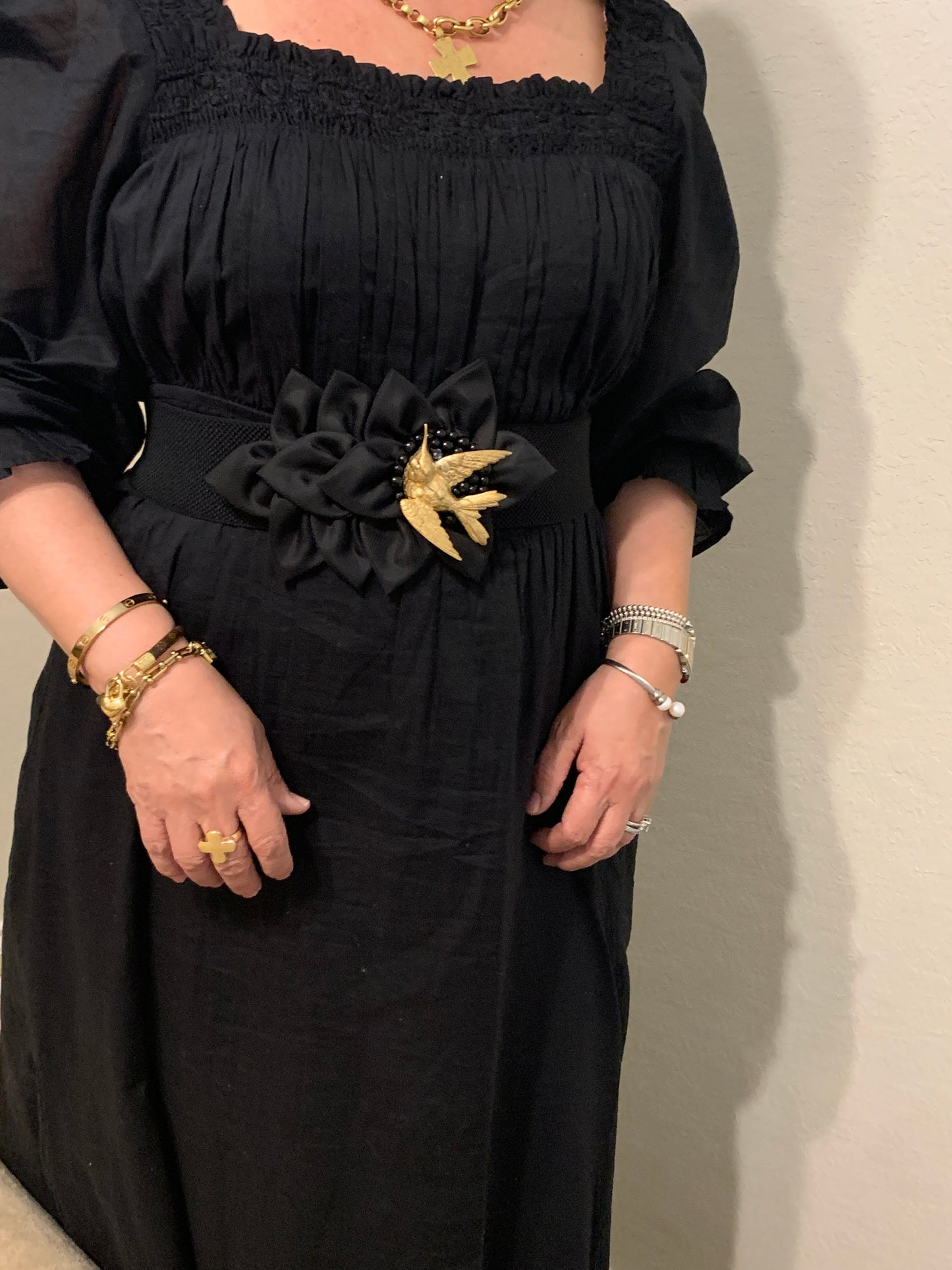 Elastic Belt with Metal Hummingbird Antique Gold