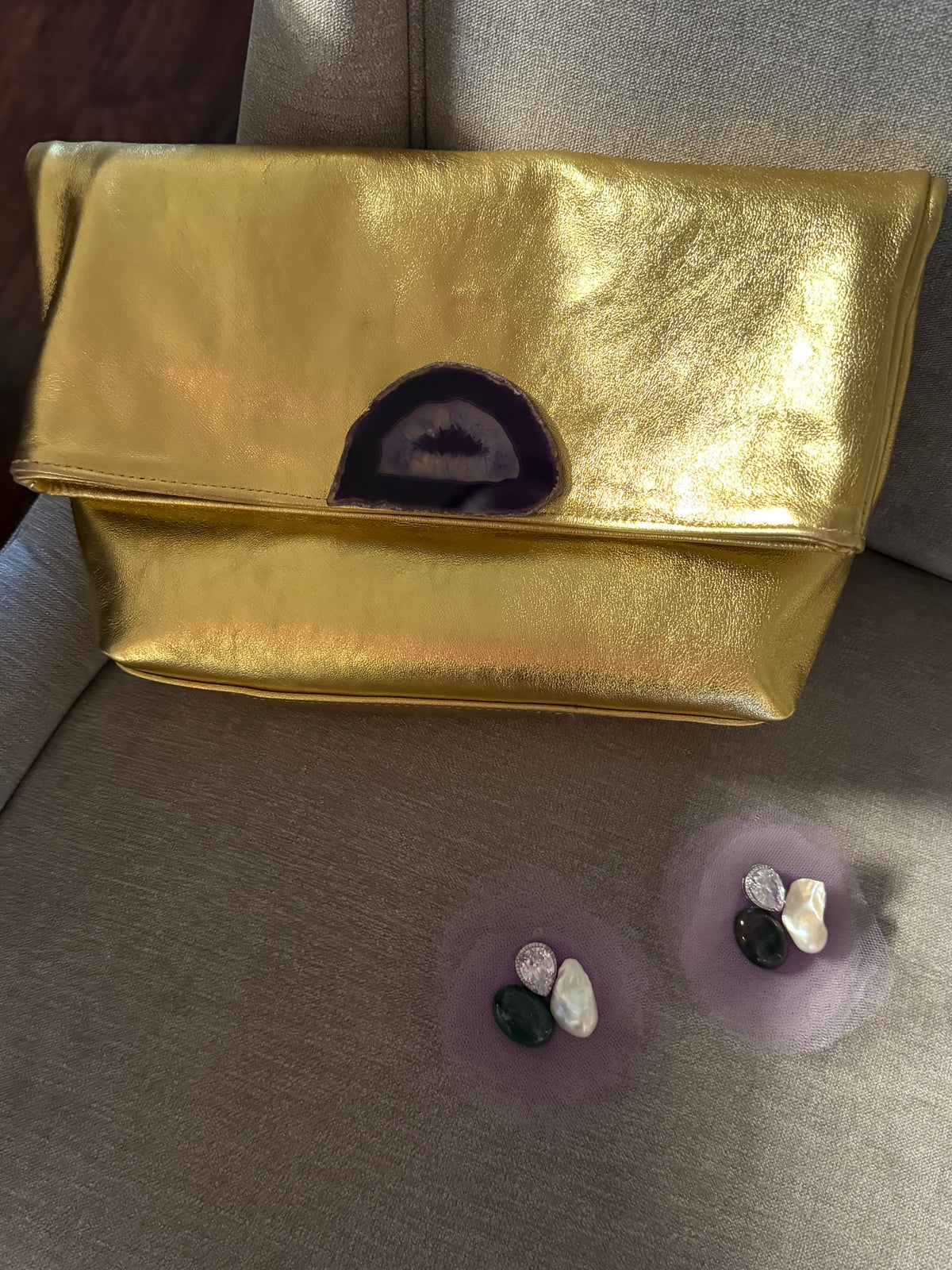 Golden Leather Clutch with Purple Agate