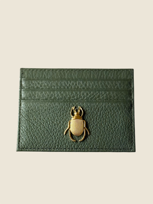 Green Leather Card Holder with Beetle