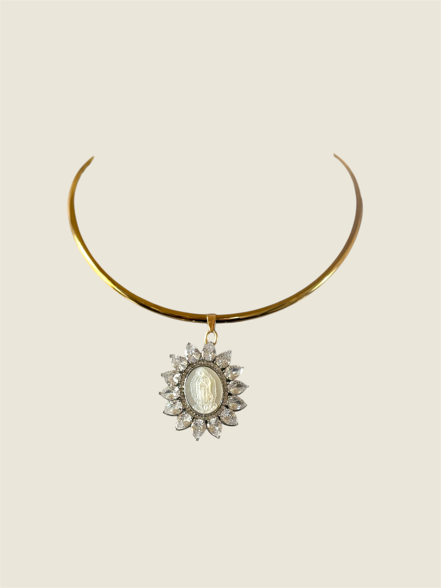 Lady of Guadalupe Necklace – Gold Plated Adjustable Choker with Shell & Zirconia