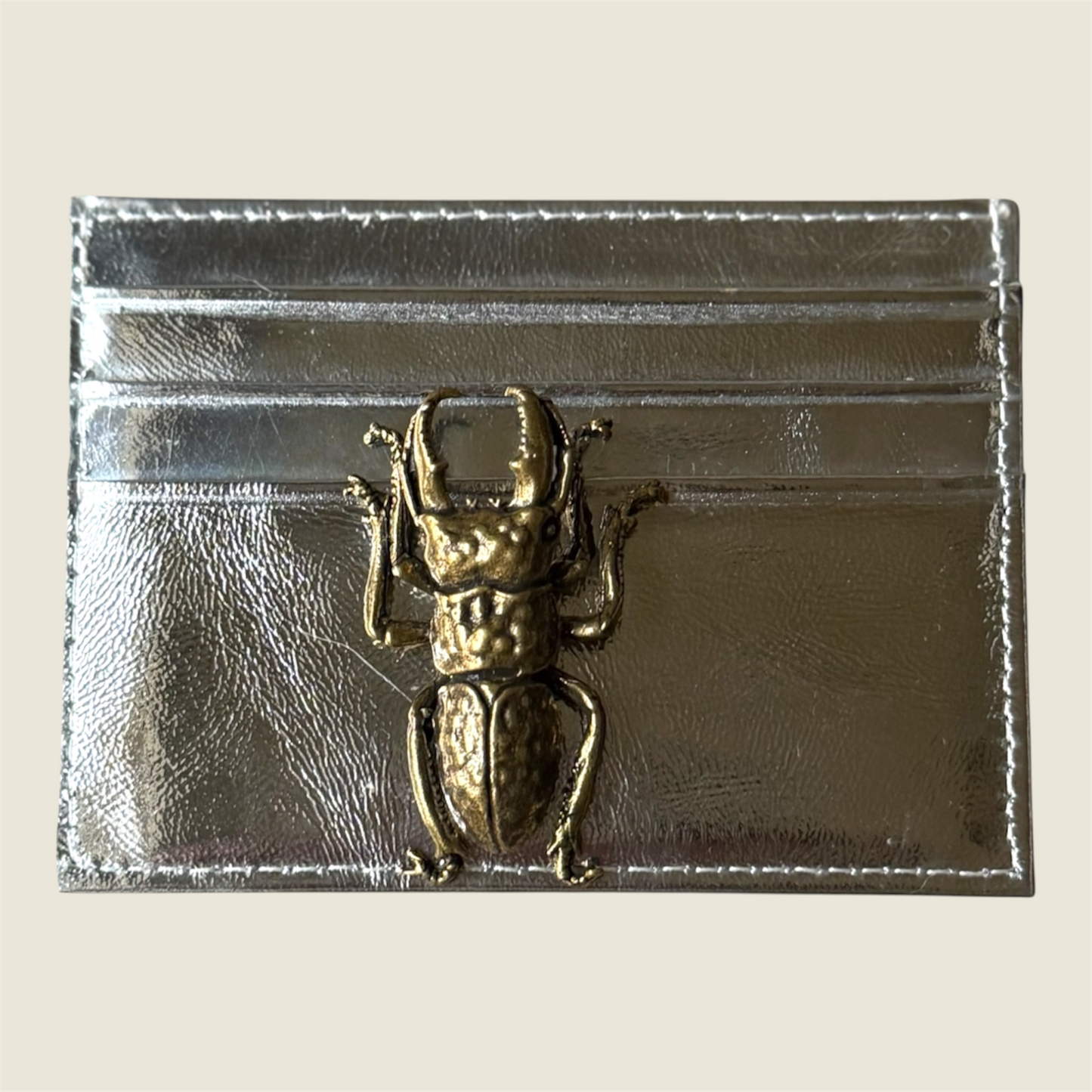 Silver Leather Card Holder with beetle