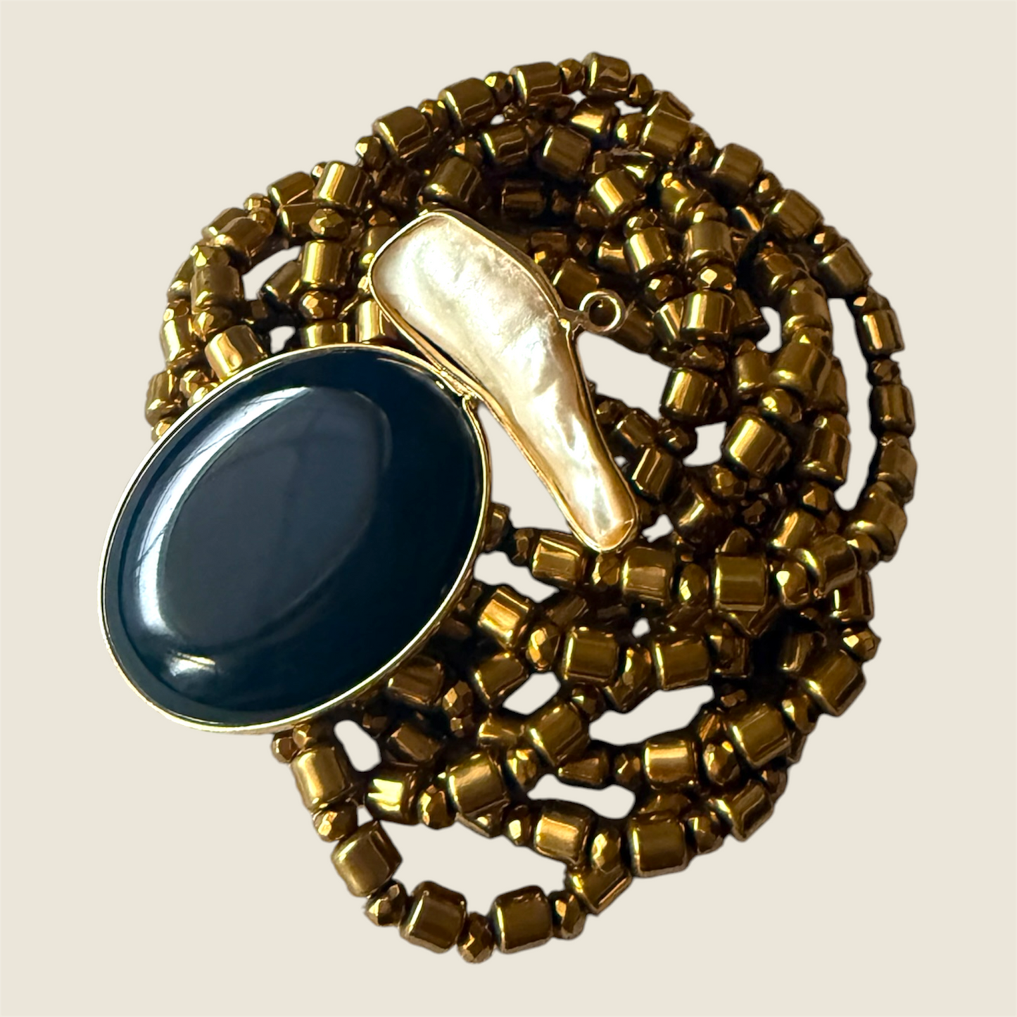 Hematite Bracelets with Agate & Baroque Pearl Brooch