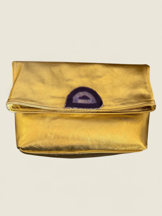 Golden Leather Clutch with Purple Agate