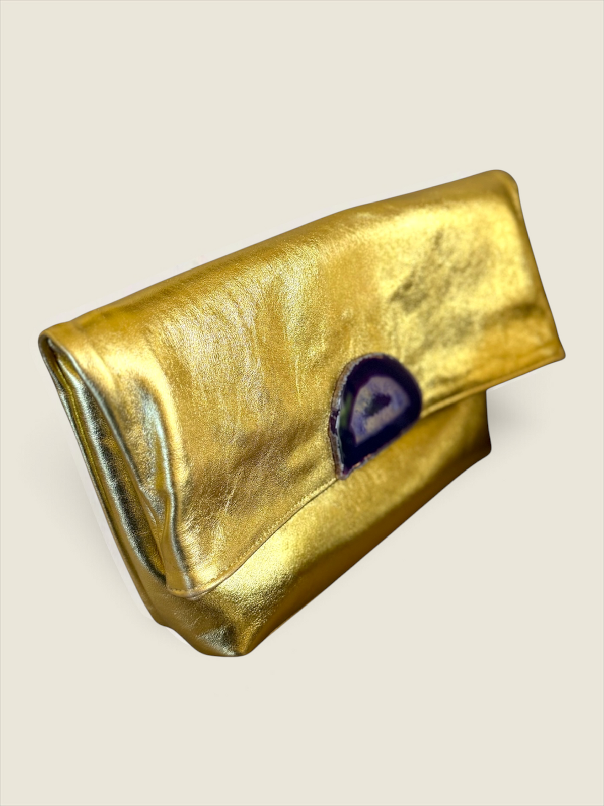 Golden Leather Clutch with Purple Agate