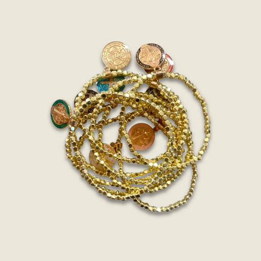 Set of 7 Hematite Gold Bracelets with St. Benedict Charms